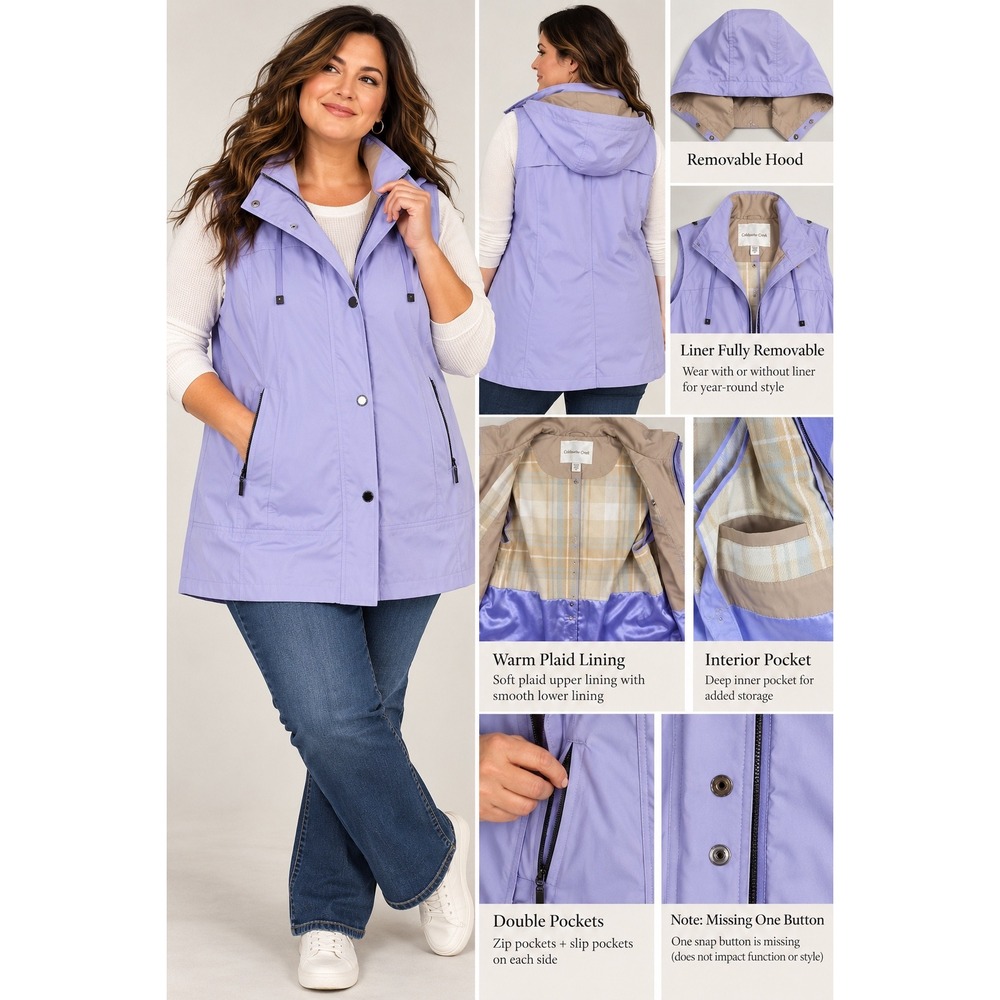 Coldwater Creek 3X Lavender Sky All-Weather Rain Vest Tunic with Hood, Utility